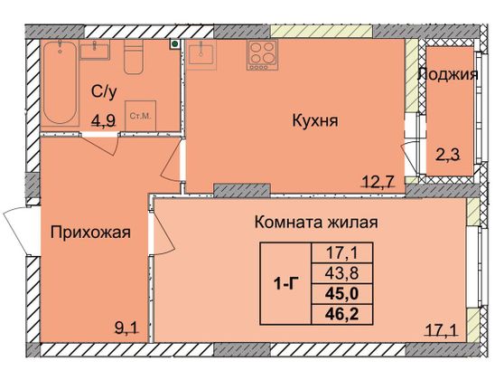 Продажа 1-комнатной квартиры 45 м², 2/18 этаж