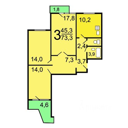 Продажа 3-комнатной квартиры 74 м², 16/17 этаж