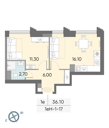 Продажа 1-комнатной квартиры 36,1 м², 17/58 этаж