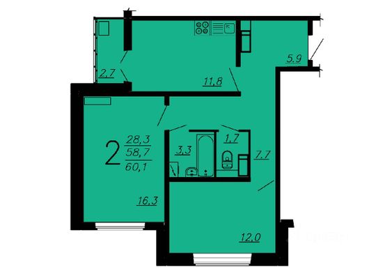 Продажа 2-комнатной квартиры 60 м², 7/17 этаж