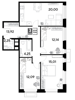Продажа 3-комнатной квартиры 79,7 м², 14/25 этаж