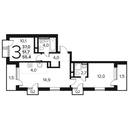 Продажа 3-комнатной квартиры 55,4 м², 7/9 этаж