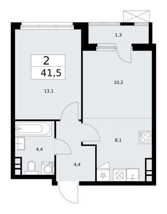 41,5 м², своб. планировка, 8/13 этаж