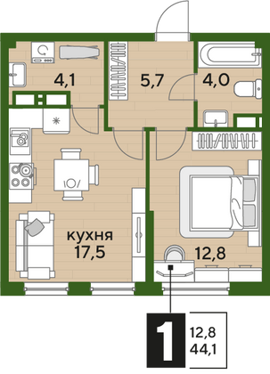 Продажа 1-комнатной квартиры 44,1 м², 10/16 этаж