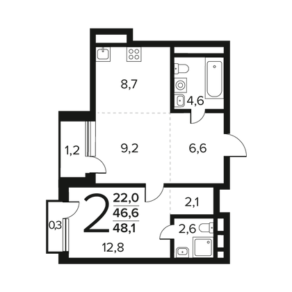 48,1 м², 2-комн. квартира, 3/12 этаж