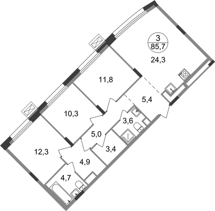 85,7 м², 3-комн. квартира, 2/9 этаж