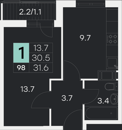 31,6 м², 1-комн. квартира, 8/9 этаж