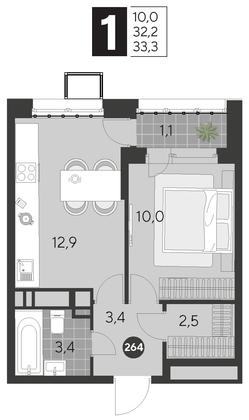 Продажа 1-комнатной квартиры 33,3 м², 2/21 этаж