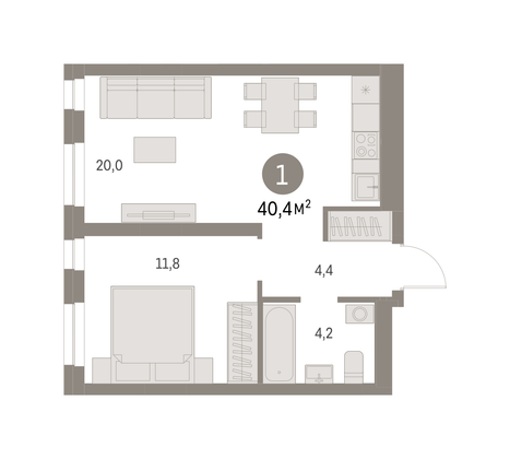 Продажа 1-комнатной квартиры 40,6 м², 2/7 этаж
