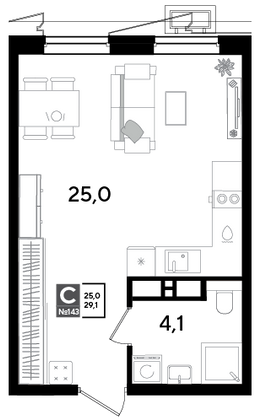Продажа квартиры-студии 29,1 м², 17/18 этаж