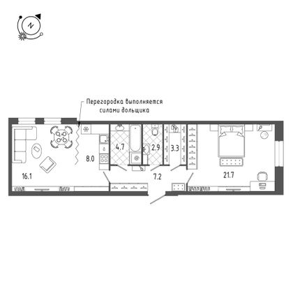 63,8 м², 2-комн. квартира, 2/18 этаж