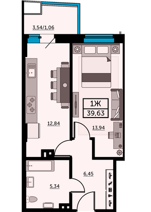 39,8 м², 1-комн. квартира, 22/27 этаж