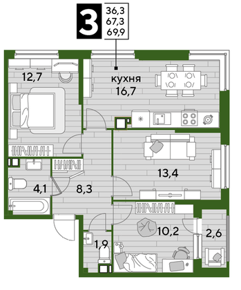 Продажа 3-комнатной квартиры 69,9 м², 4/16 этаж