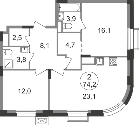 74,2 м², 2-комн. квартира, 7/9 этаж