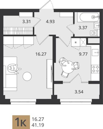 41,2 м², 1-комн. квартира, 2/3 этаж