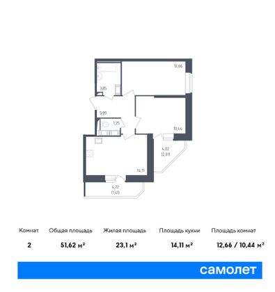 51,6 м², 2-комн. квартира, 21/23 этаж