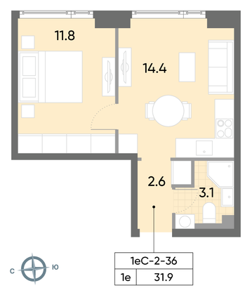 Продажа 1-комнатной квартиры 31,9 м², 36/52 этаж