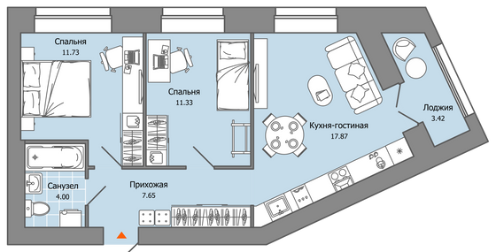 54 м², 3-комн. квартира, 2/8 этаж