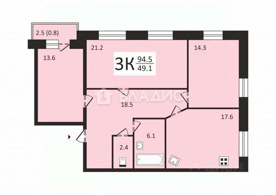 Продажа 3-комнатной квартиры 96,2 м², 2/3 этаж