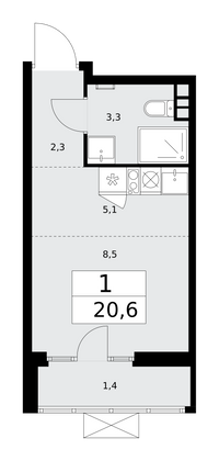 20,6 м², 1-комн. квартира, 10/15 этаж