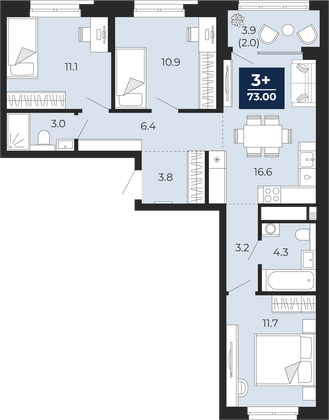 73 м², 3-комн. квартира, 6/15 этаж