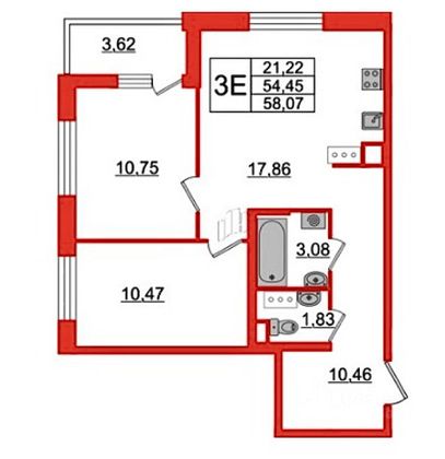 Продажа 2-комнатной квартиры 58,1 м², 5/12 этаж