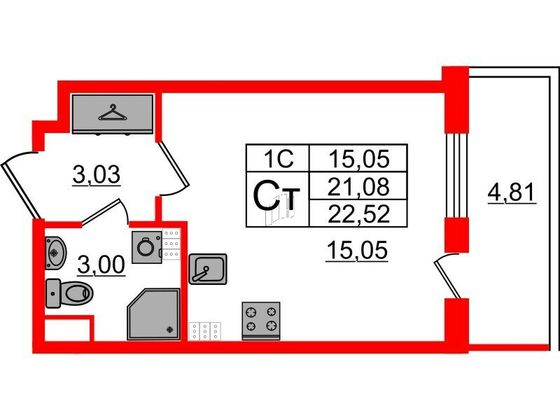 Продажа квартиры-студии 21,1 м², 4/5 этаж