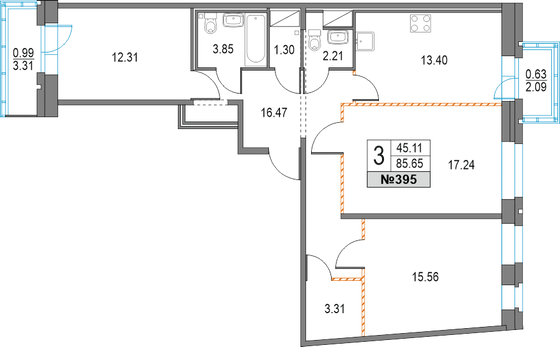 Продажа 3-комнатной квартиры 85,7 м², 12/25 этаж