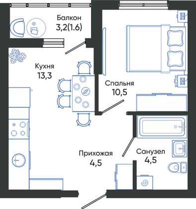 34,4 м², 1-комн. квартира, 1/24 этаж