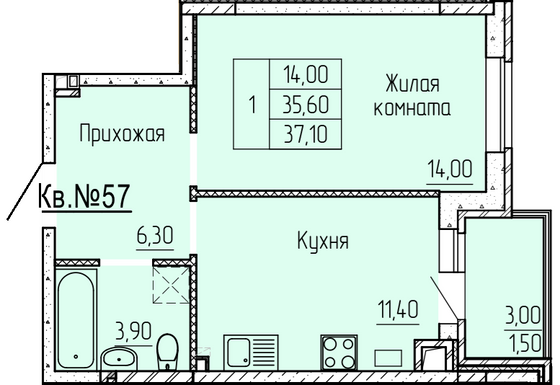 Продажа 1-комнатной квартиры 37,8 м², 1/4 этаж