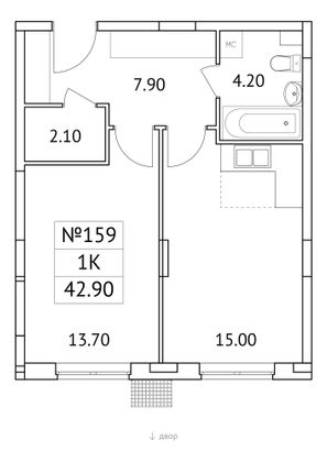 42,9 м², 1-комн. квартира, 1/11 этаж