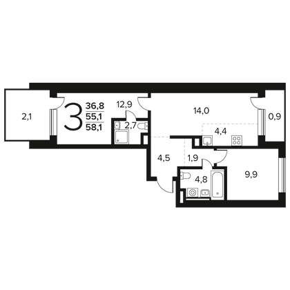 Продажа 3-комнатной квартиры 58,1 м², 1/7 этаж