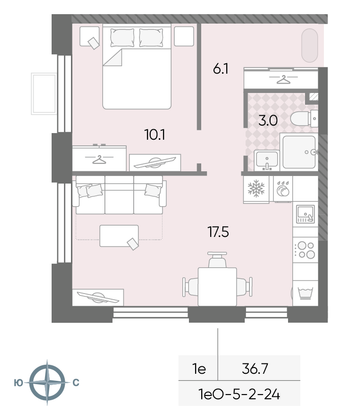 36,7 м², 1-комн. квартира, 8/24 этаж