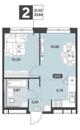 Продажа 2-комнатной квартиры 33,8 м², 11/25 этаж