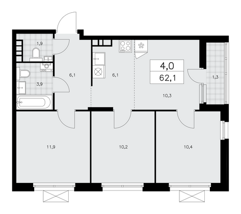 62,1 м², своб. планировка, 10/15 этаж