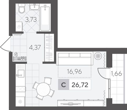 26,7 м², студия, 3/17 этаж