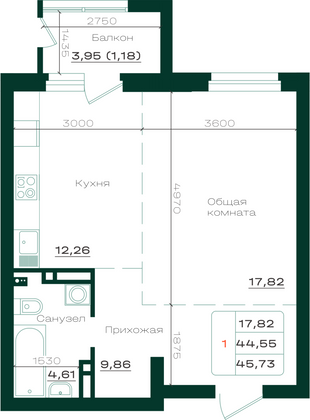 Продажа 1-комнатной квартиры 45,7 м², 9/21 этаж