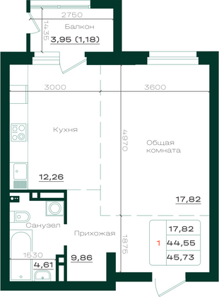 Продажа 1-комнатной квартиры 45,7 м², 10/21 этаж