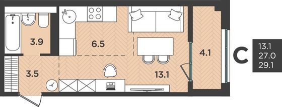 29,1 м², 1-комн. квартира, 5/12 этаж