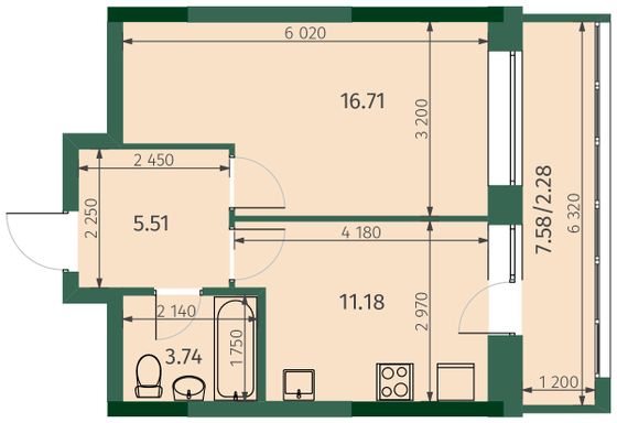 39,4 м², 1-комн. квартира, 6/25 этаж