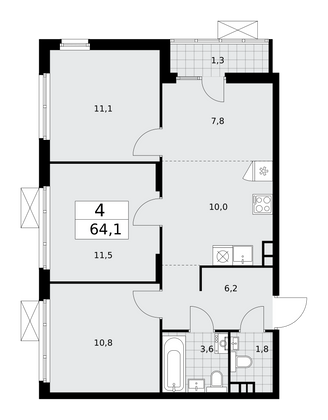 64,1 м², 4-комн. квартира, 9/15 этаж