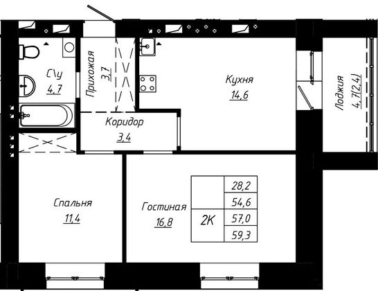 Продажа 2-комнатной квартиры 57 м², 4/9 этаж