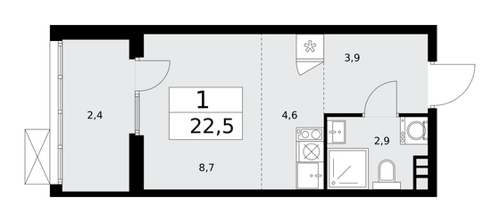 22,5 м², 1-комн. квартира, 8/15 этаж