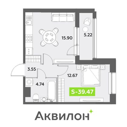 39,5 м², 1-комн. квартира, 4/12 этаж