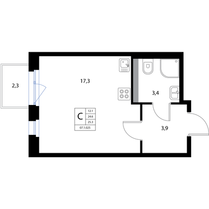 Продажа квартиры-студии 25,3 м², 3/3 этаж