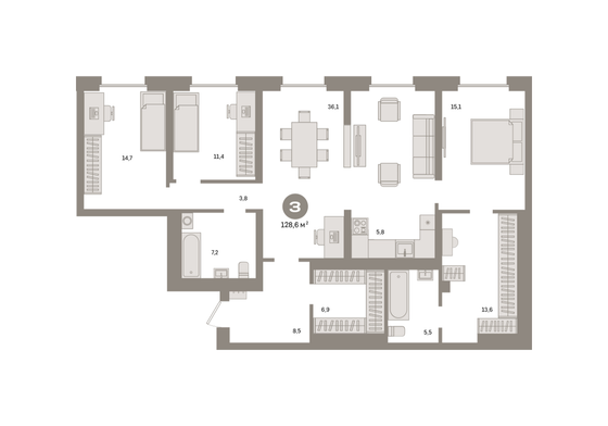 Продажа 3-комнатной квартиры 128,6 м², 6/24 этаж