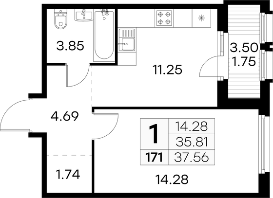 37,6 м², 1-комн. квартира, 5/15 этаж