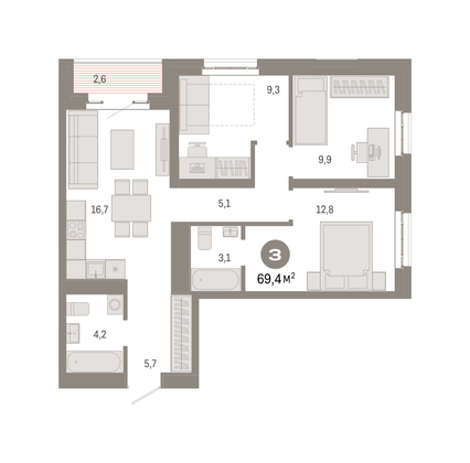 Продажа 3-комнатной квартиры 69,4 м², 12/31 этаж