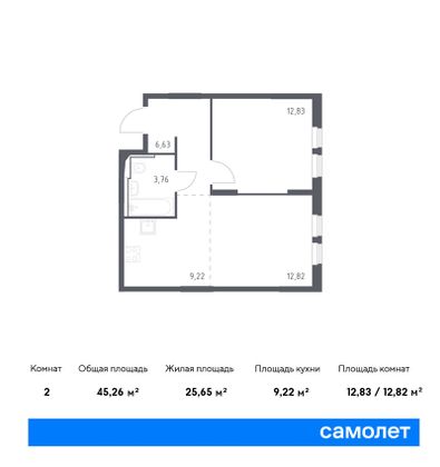 45,3 м², 1-комн. квартира, 13/14 этаж