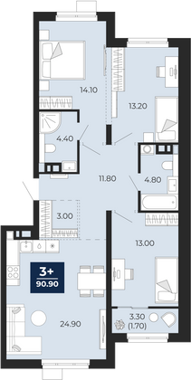 90,9 м², 3-комн. квартира, 4/25 этаж